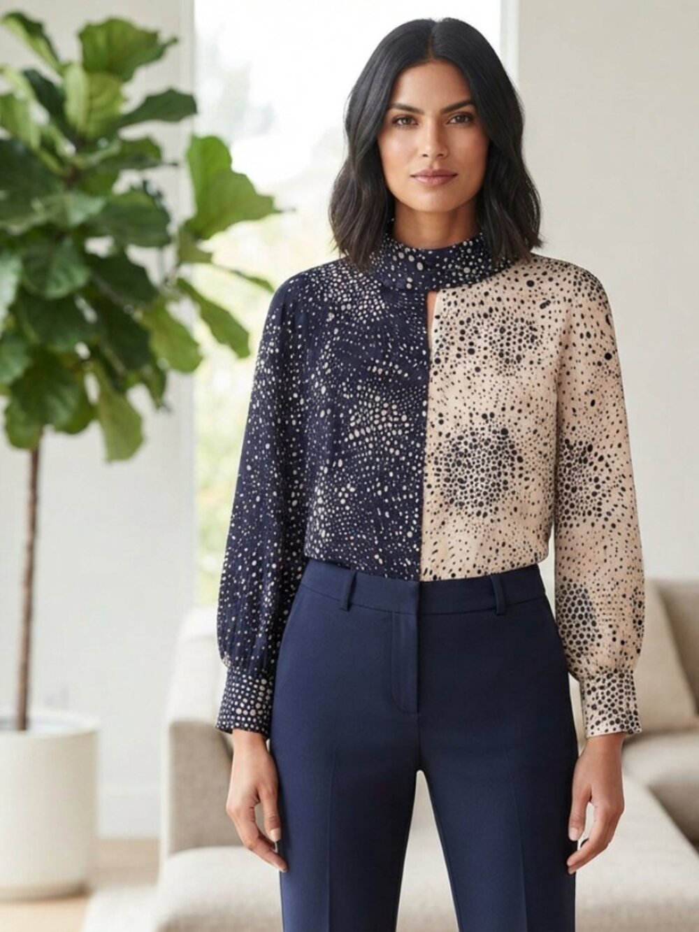 Lysse Navy Cream Two Tone Spot Print Tie Neck Blouse Size M
